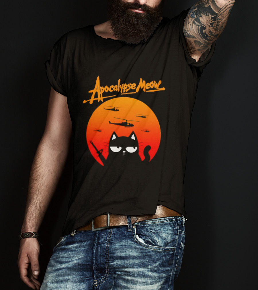 Apocalypse Meow Cat Helicopter Orange Sun T-Shirt