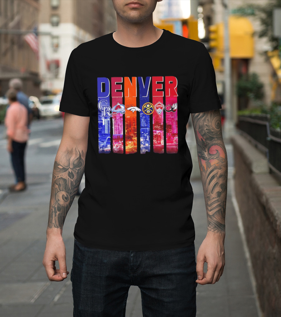 Denver City Skyline With Colorado Rockies Avalanche Broncos Nuggets Rapids Mammoth T-Shirt