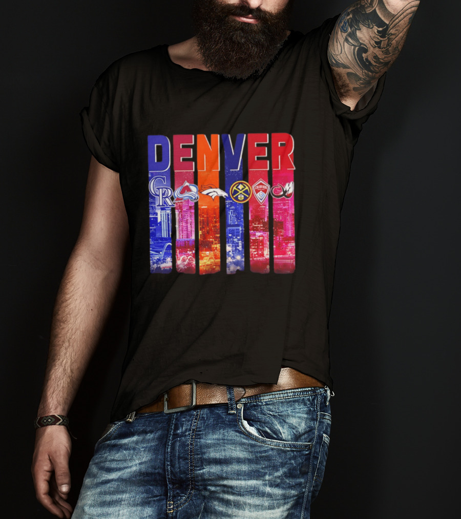 Denver City Skyline With Colorado Rockies Avalanche Broncos Nuggets Rapids Mammoth T-Shirt