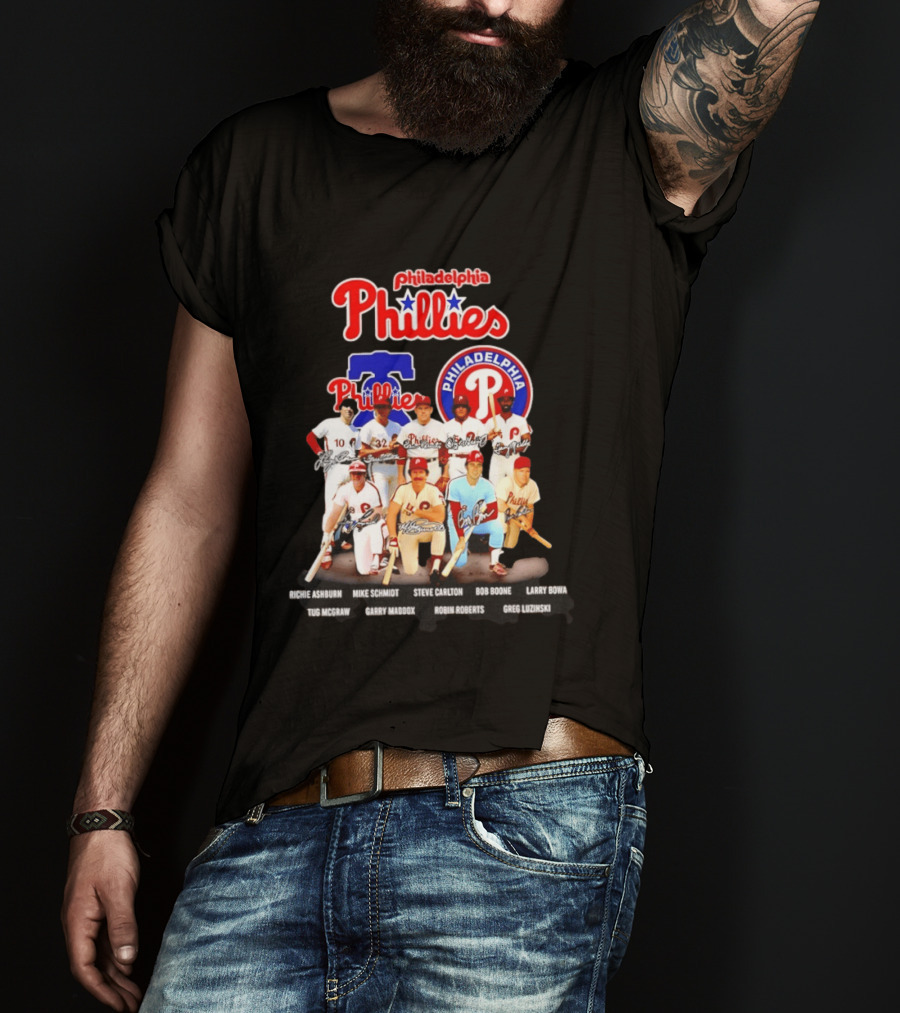 Philadelphia Phillies Legends Ashburn Schmidt Carlton Boone Bowa McGraw Maddox Roberts Luzinski Signatures Vintage Players T-Shirt