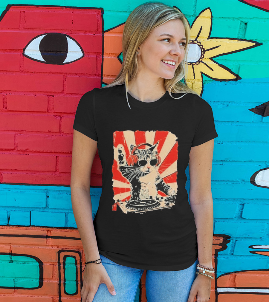DJ Cat With Headphones Red Sunburst T-Shirt