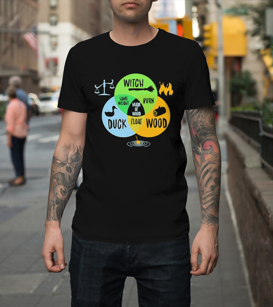 Monty Python Witch Duck Same Weight Made Of Wood Burn Float Venn Diagram T-Shirt