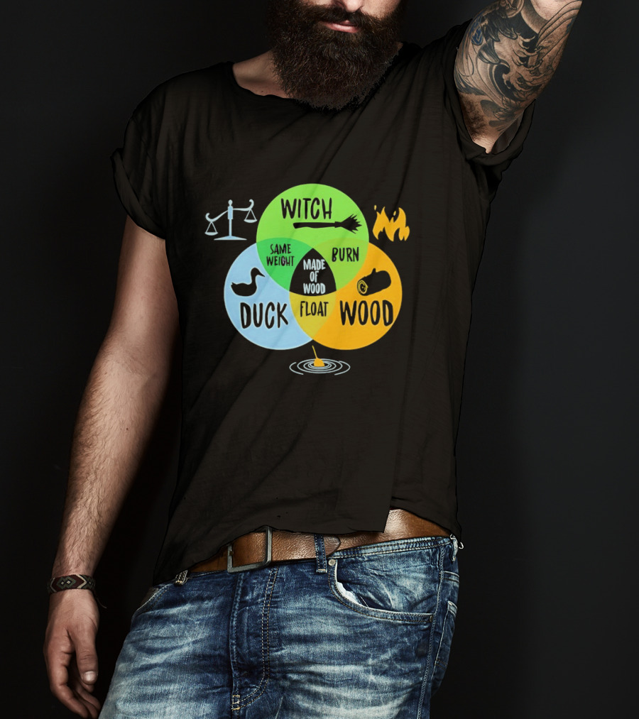Monty Python Witch Duck Same Weight Made Of Wood Burn Float Venn Diagram T-Shirt