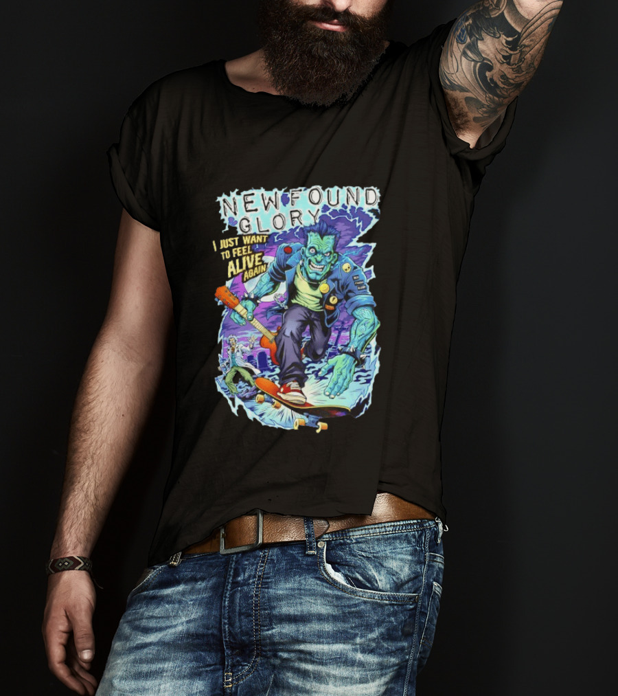 New Found Glory I Just Want To Feel Alive Again Frankenstein Skateboard Zombie Punk T-Shirt