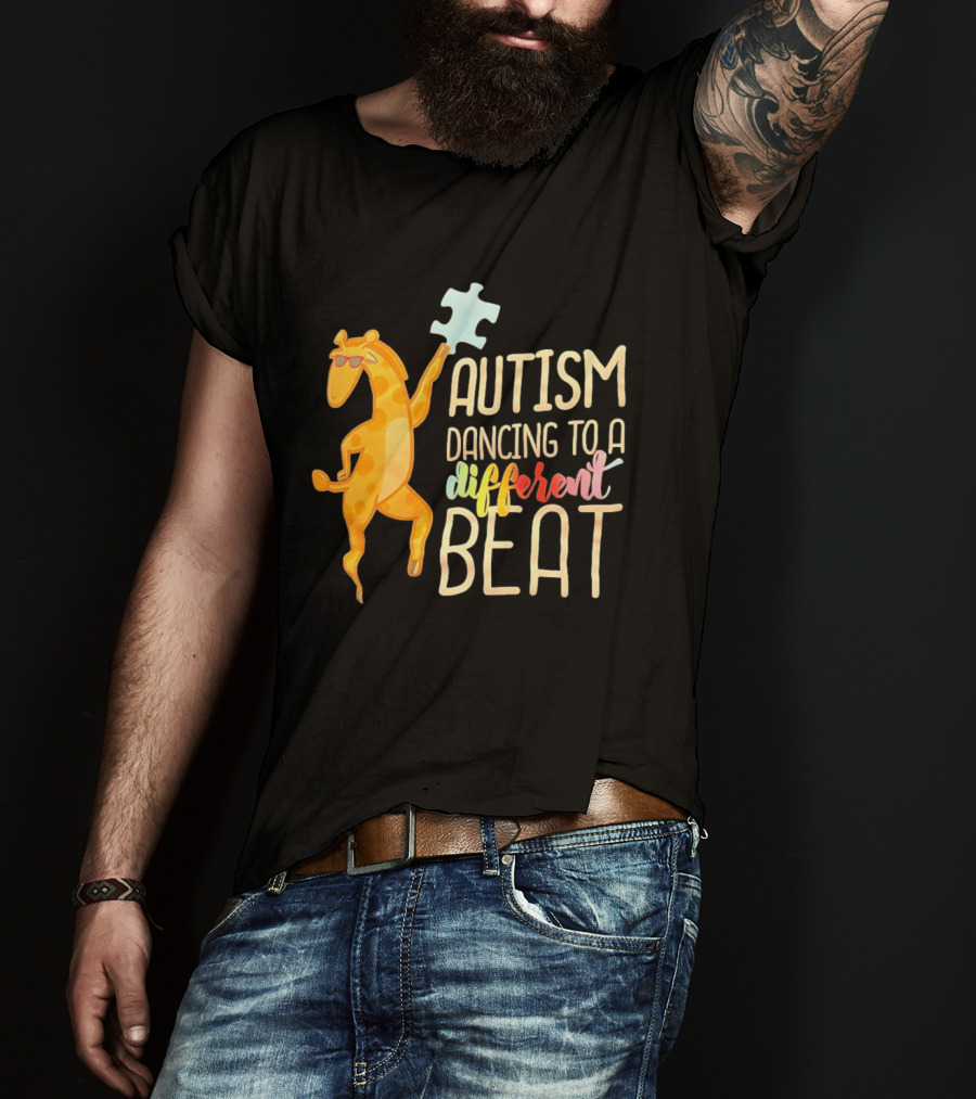 Autism Dancing To A Different Beat Giraffe Puzzle Piece And Sunglasses T-Shirt
