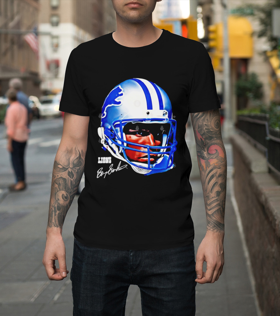 Barry Sanders Detroit Lions Helmet Signature Lions T-Shirt