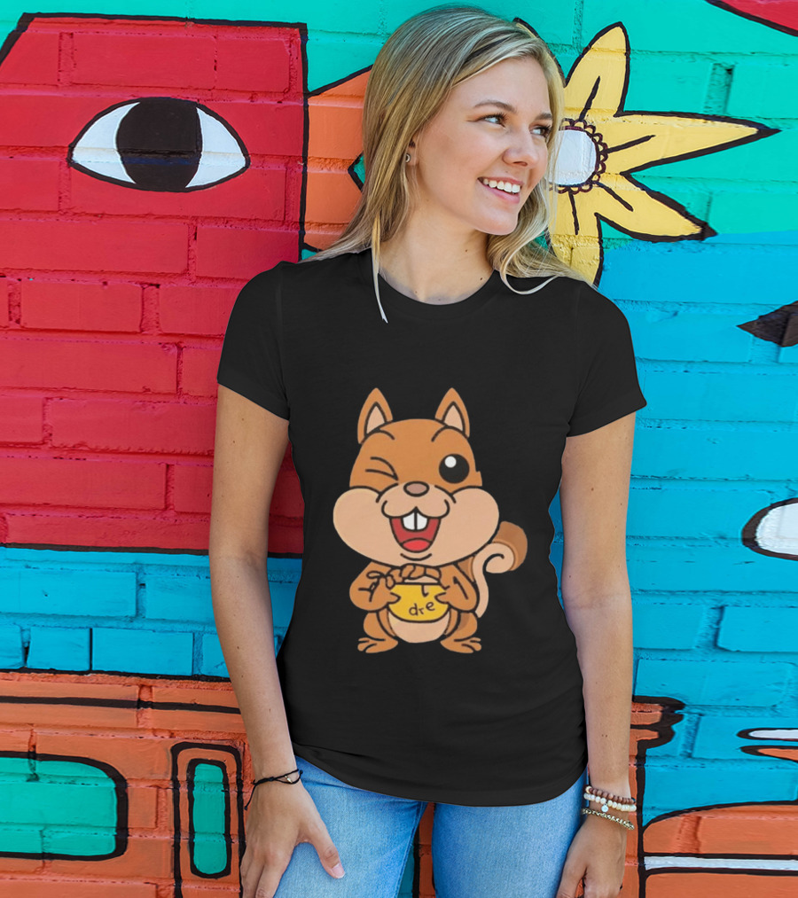 Cartoon Squirrel Holding Yellow Object With "dre" T-Shirt