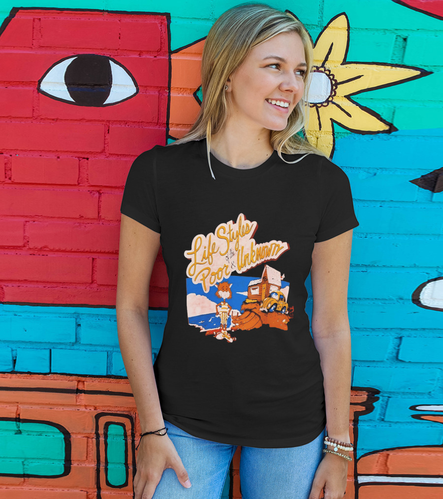 Life Styles Of The Poor And Unknown Cartoon Cat Beach Scene With House And Car T-Shirt