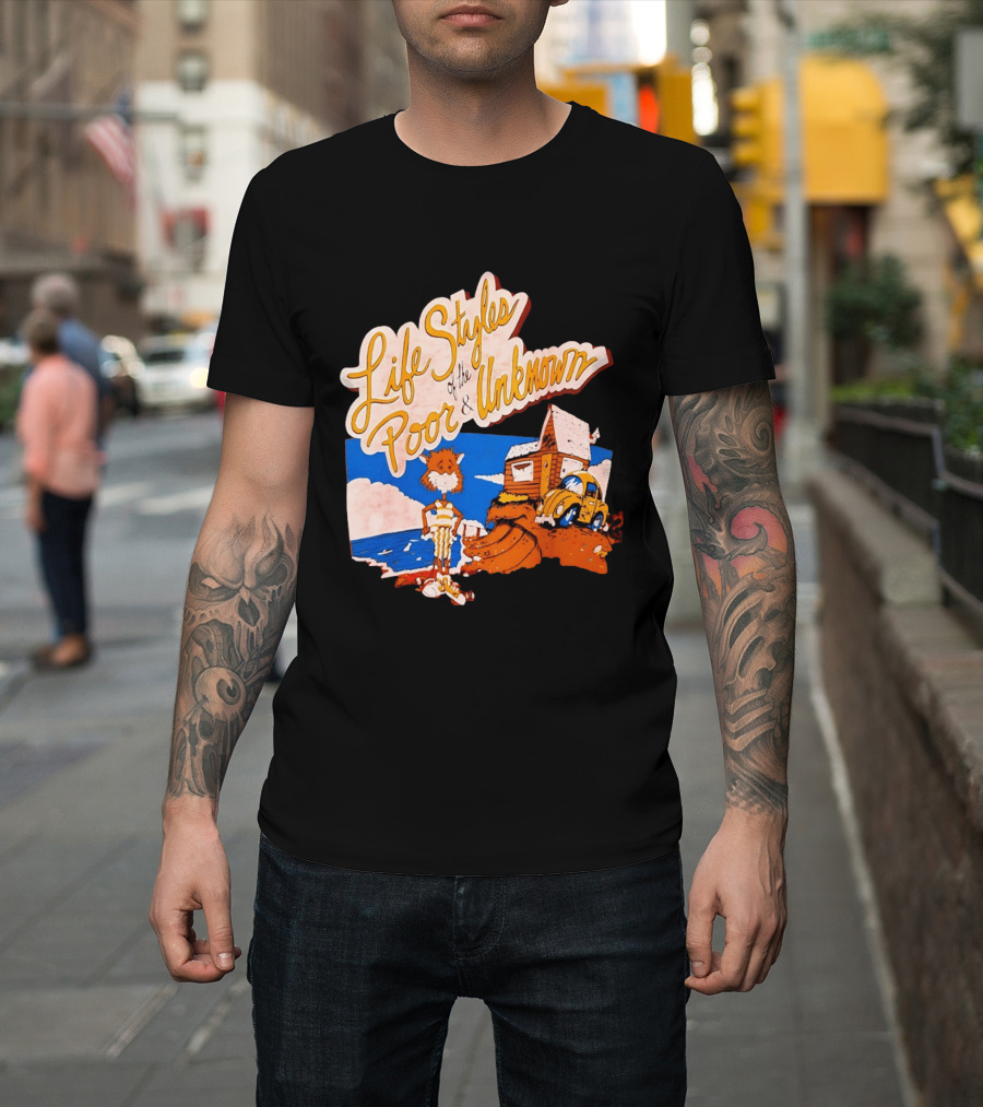 Life Styles Of The Poor And Unknown Cartoon Cat Beach Scene With House And Car T-Shirt