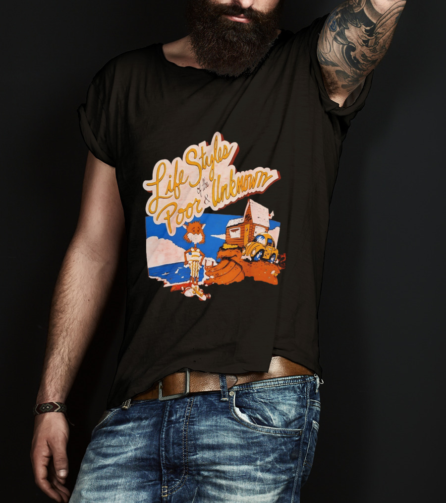 Life Styles Of The Poor And Unknown Cartoon Cat Beach Scene With House And Car T-Shirt