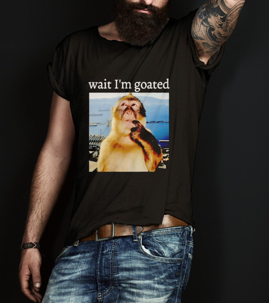 Wait I'm Goated Monkey Meme Coastal View Playful Expression T-Shirt