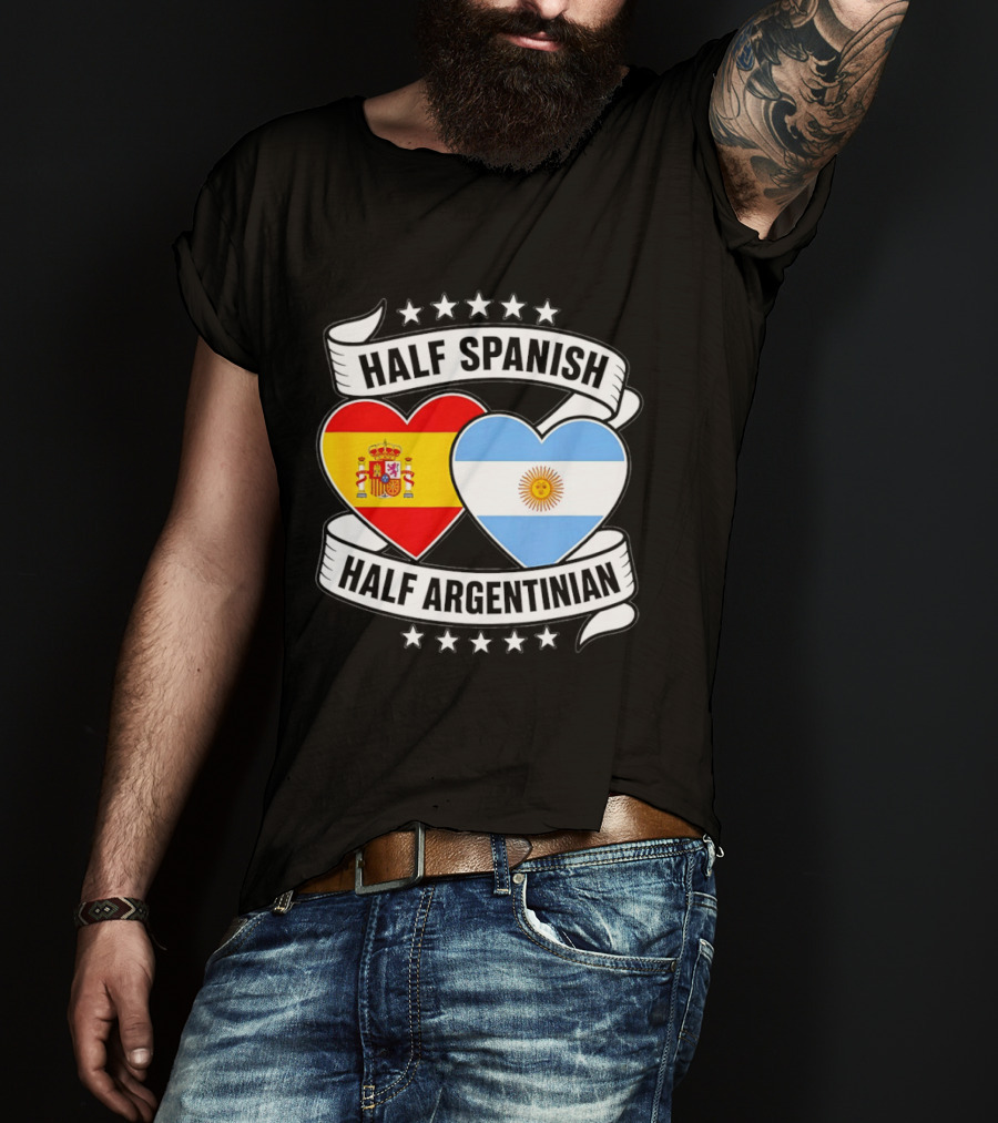 Half Spanish Half Argentinian Heart Flags Banner Star T-Shirt
