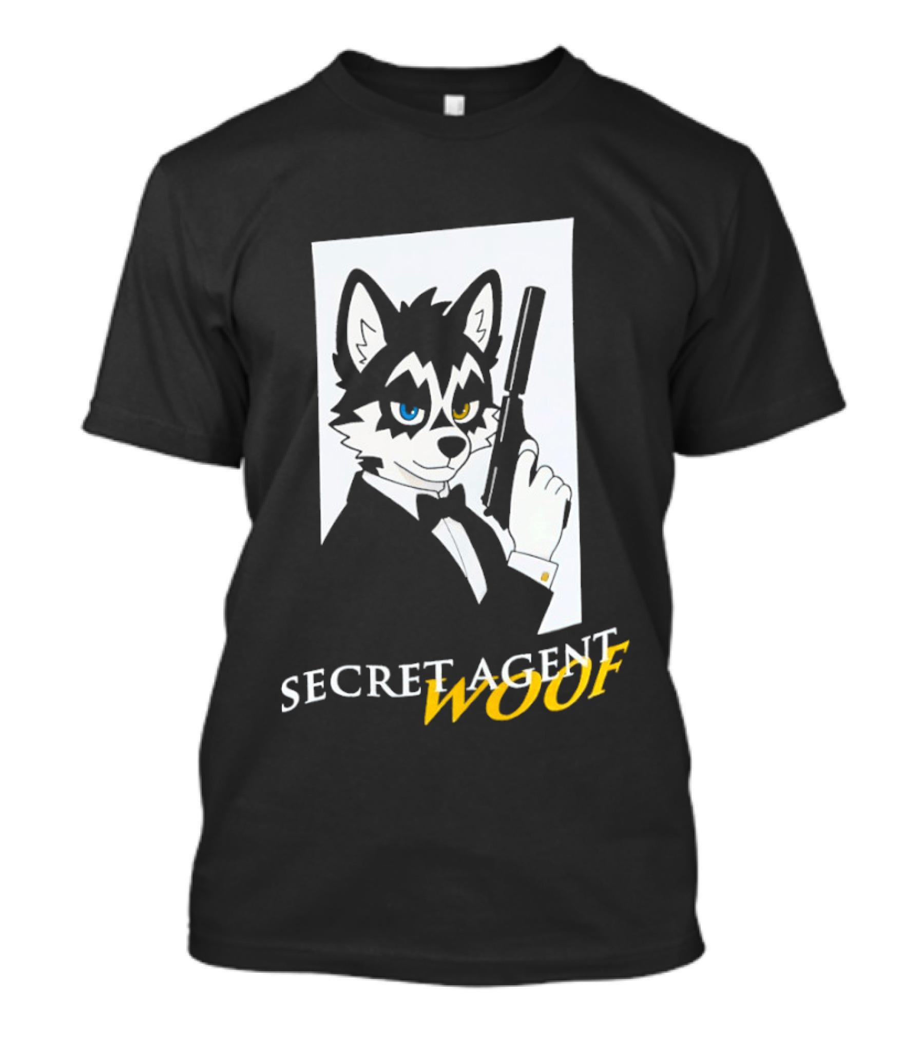 Secret Agent Woof Husky Tuxedo Spy Dog Holding Pistol Image T-Shirt