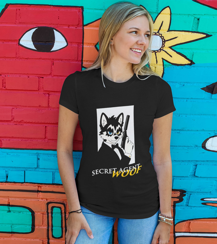 Secret Agent Woof Husky Tuxedo Spy Dog Holding Pistol Image T-Shirt