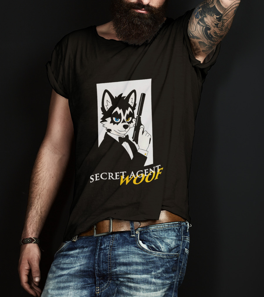 Secret Agent Woof Husky Tuxedo Spy Dog Holding Pistol Image T-Shirt