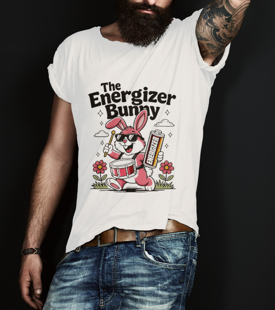 The Energizer Bunny Playing Drum Cartoon Pink Rabbit Sunglasses Drumming With Battery And Flowers T-Shirt