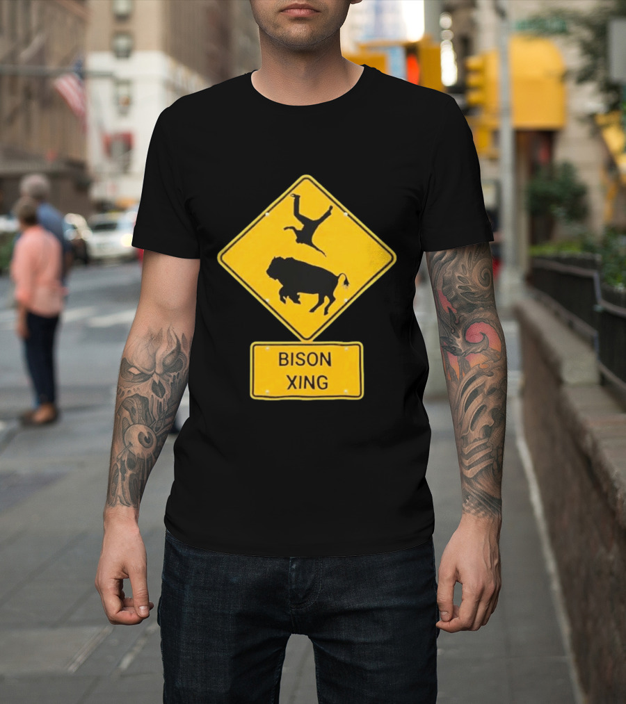 Bison Xing Road Sign With Pedestrian Warning T-Shirt