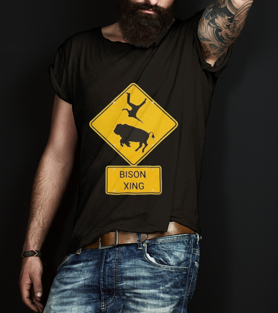 Bison Xing Road Sign With Pedestrian Warning T-Shirt