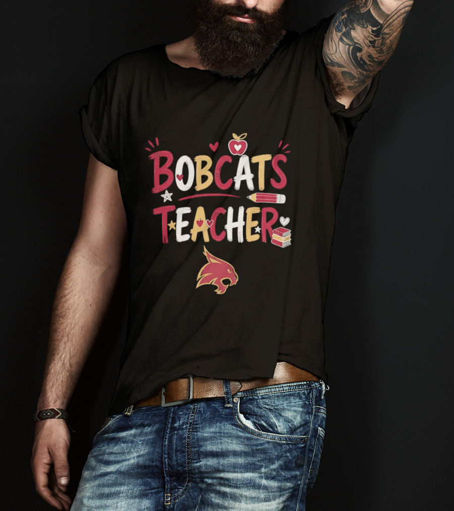 Bobcats Teacher School Spirit Heart Pencil Books Stars T-Shirt