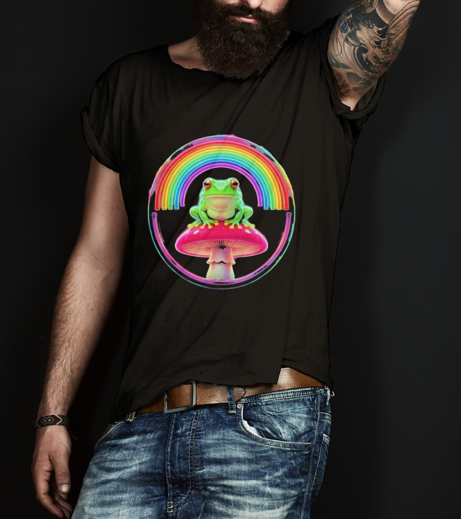 Neon Frog On Mushroom Under Vibrant Rainbow Circle T-Shirt