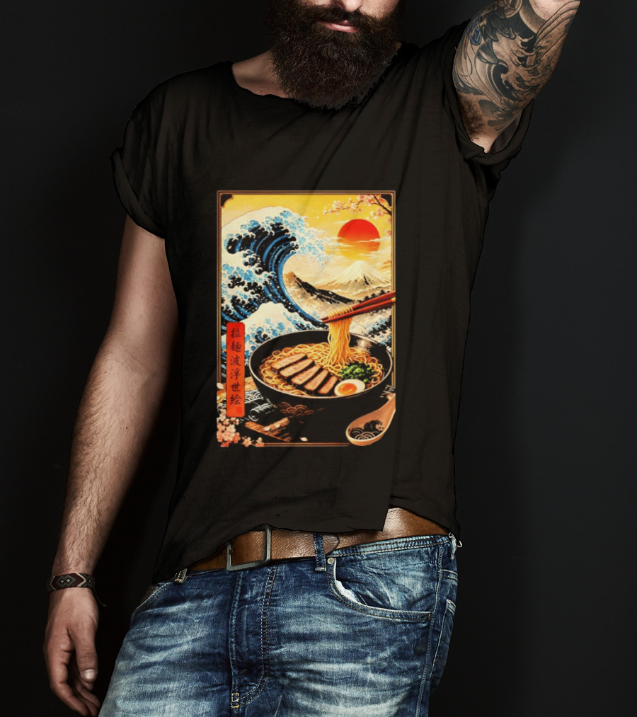 Great Wave Ramen Ukiyo E Japanese Noodles Cherry Blossoms Sun Mountain T-Shirt