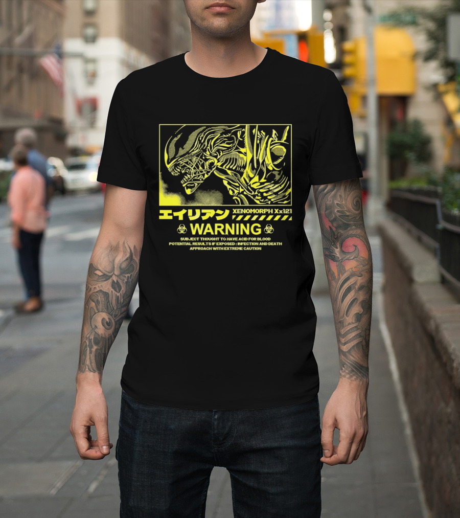 Alien Xenomorph Xx121 Acid Blood Warning Hazard Japan Text Yellow T-Shirt