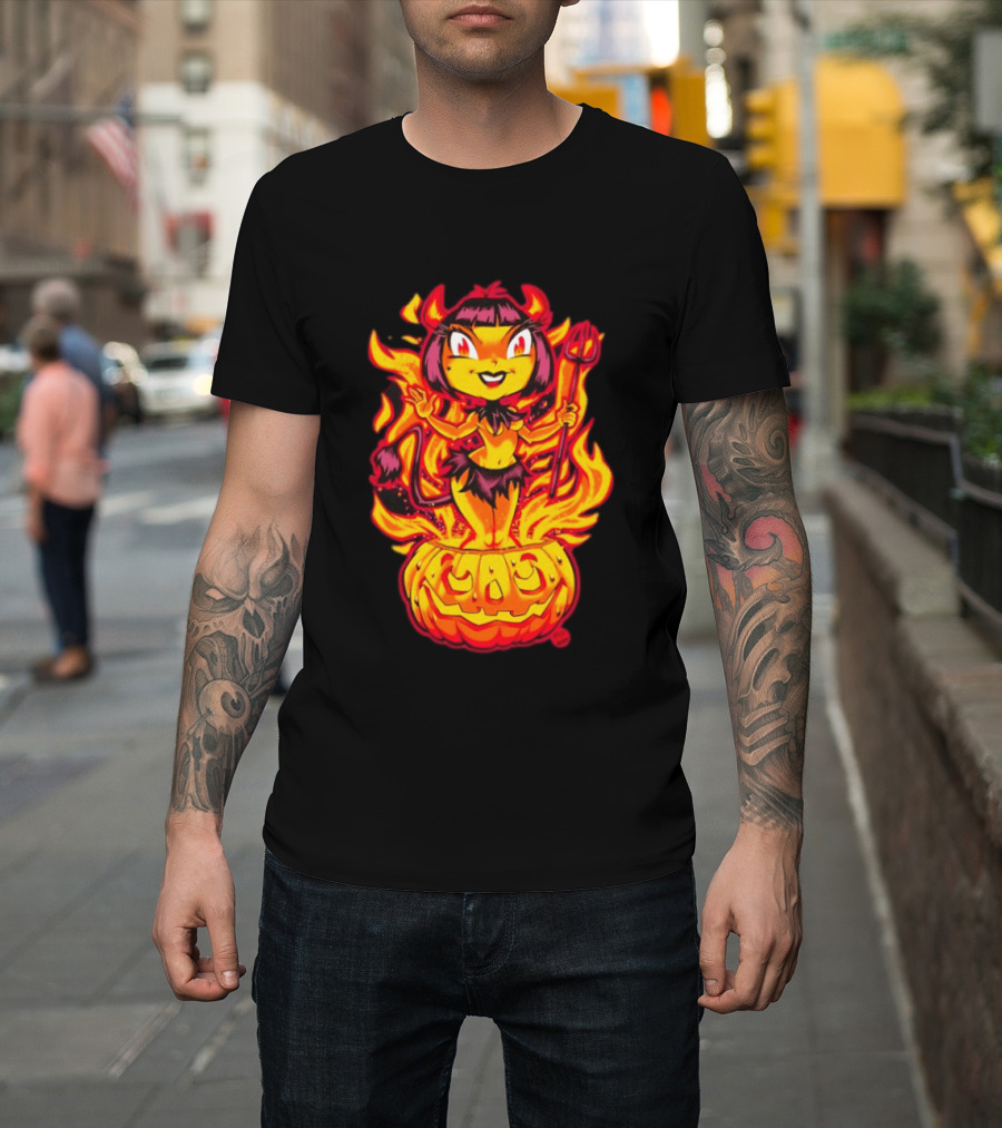 Devil Girl In Jack O' Lantern Halloween Flames With Pitchfork And Tail T-Shirt