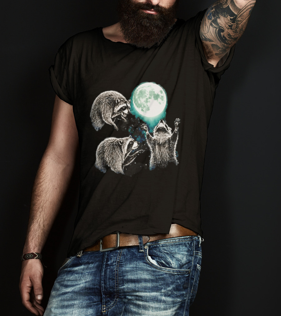Jimothy Raccoon Moon Space Wolf Moon Trio Reaching For Full Moon T-Shirt