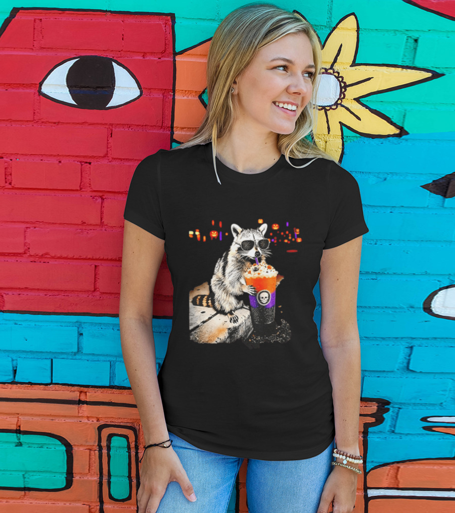 Raccoon With Sunglasses Enjoying Halloween Frappe With Skull Cup And Pumpkin T-Shirt
