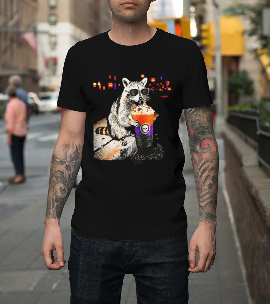 Raccoon With Sunglasses Enjoying Halloween Frappe With Skull Cup And Pumpkin T-Shirt