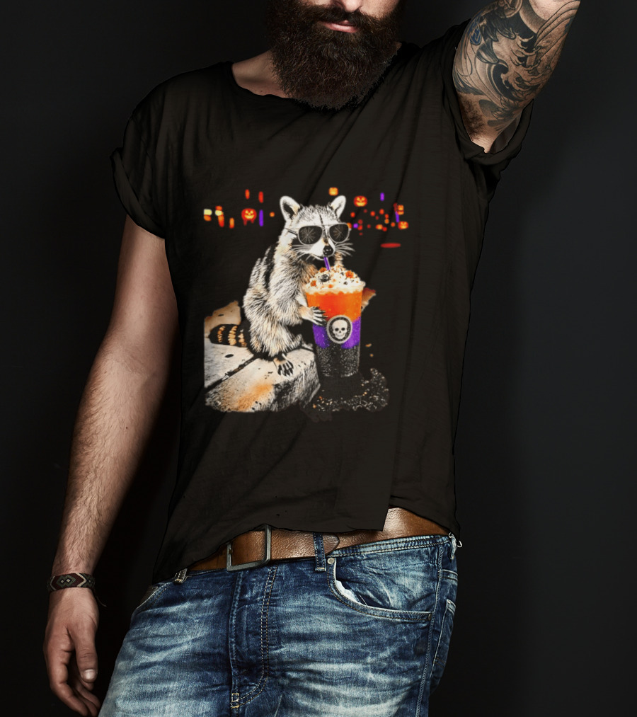 Raccoon With Sunglasses Enjoying Halloween Frappe With Skull Cup And Pumpkin T-Shirt