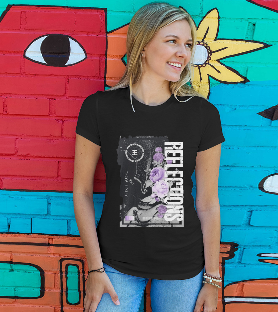 Reflections Peroxide Floral Typography With Purple Roses And Abstract Black And White T-Shirt