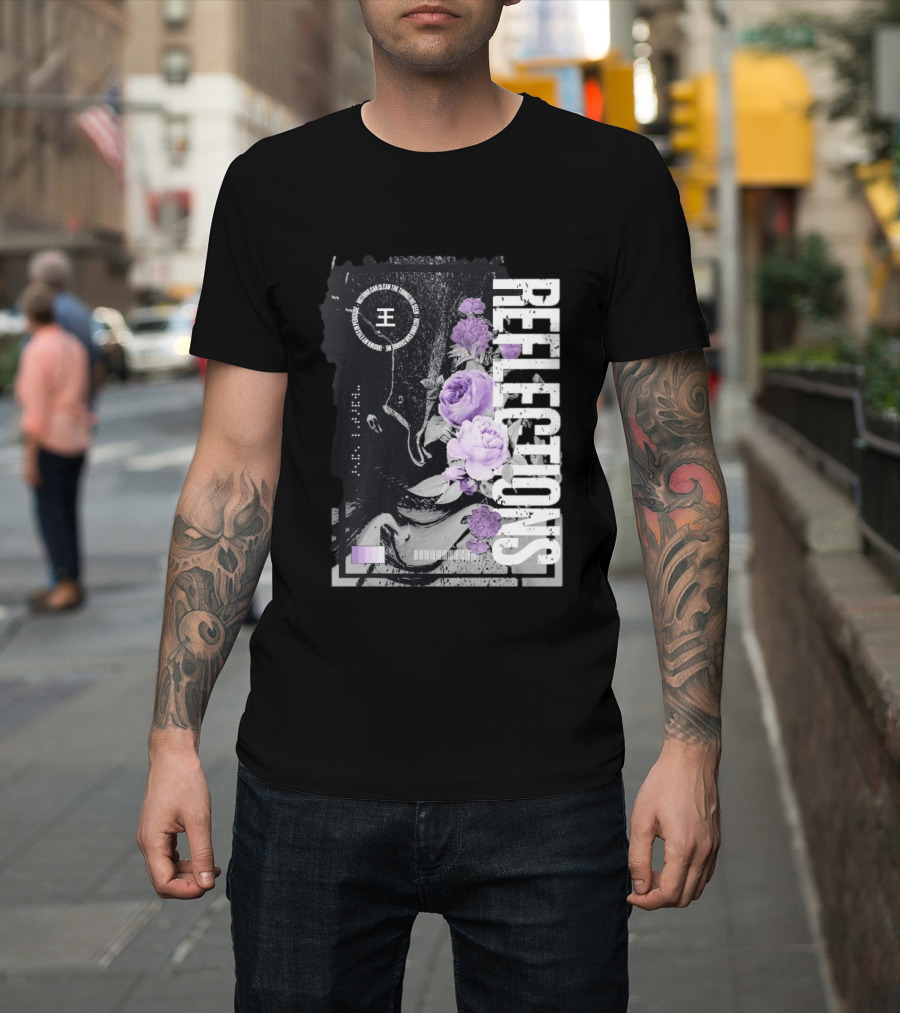 Reflections Peroxide Floral Typography With Purple Roses And Abstract Black And White T-Shirt