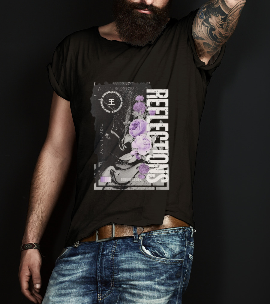 Reflections Peroxide Floral Typography With Purple Roses And Abstract Black And White T-Shirt