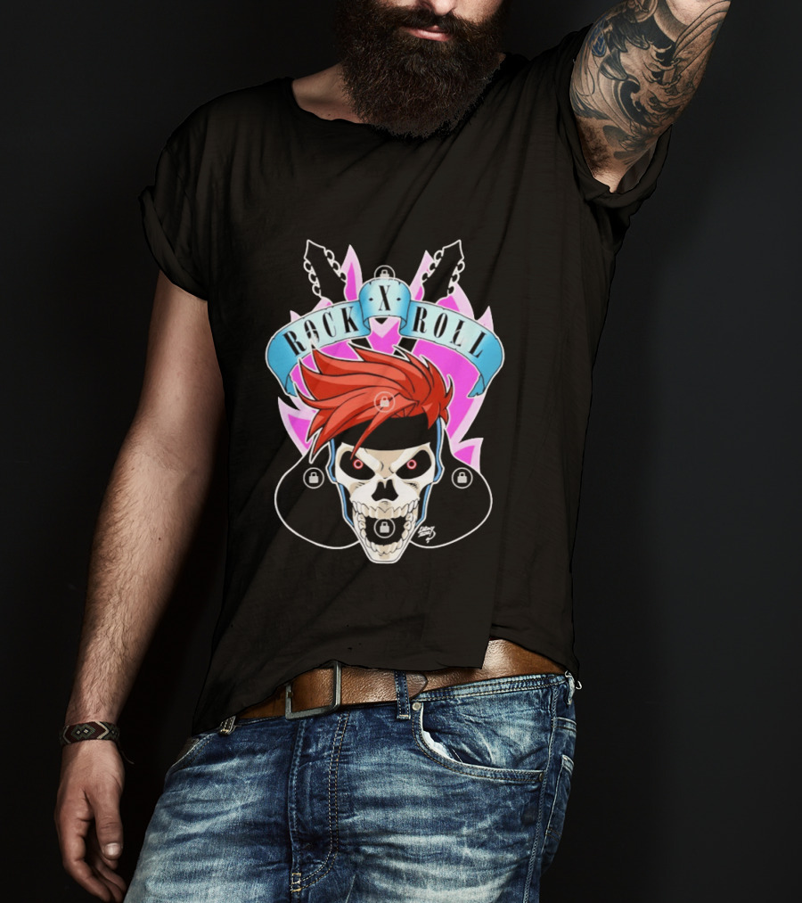 Rock X Roll Skull Electric Guitar Red Hair T-Shirt