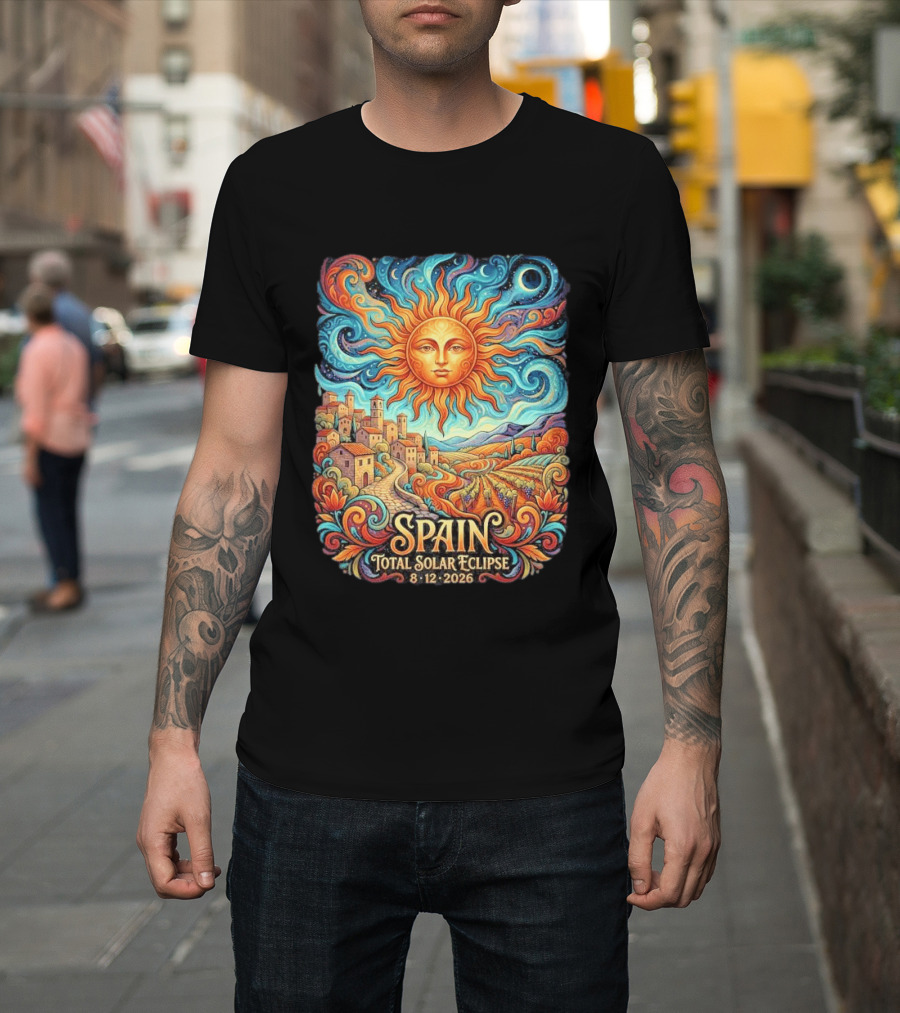 Spain Total Solar Eclipse 8 12 2026 Sun And Moon Celestial Village T-Shirt