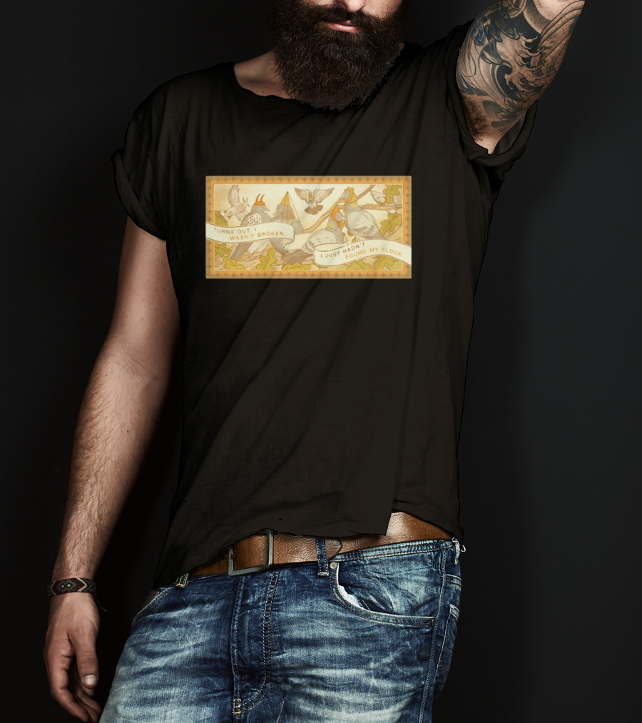 Turns Out I Wasn't Broken I Just Hadn't Found My Flock Pigeon Funny Vintage Style Banner With Autumn Leaves T-Shirt