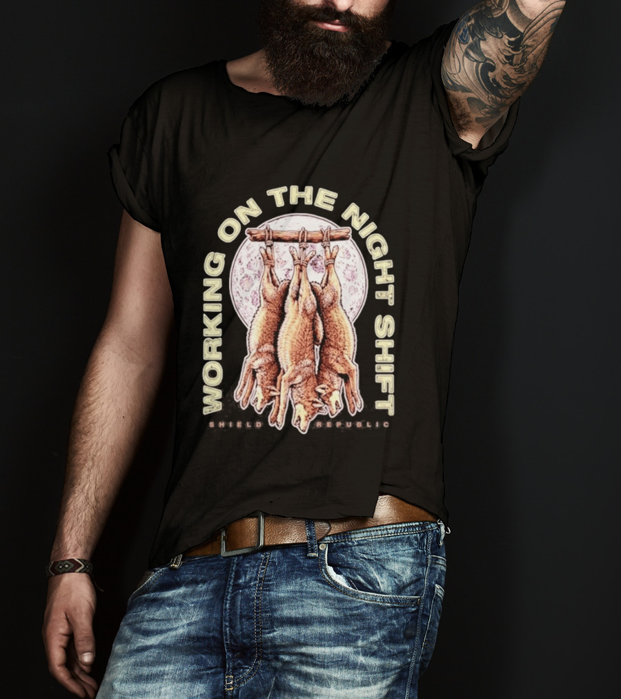 Working On The Night Shift Shield Republic Hanging Coyotes Full Moon T-Shirt