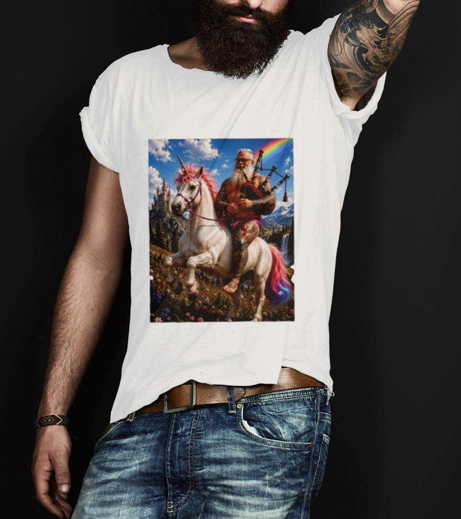 Bearded Scotsman Playing Bagpipes Riding A Rainbow Unicorn In Enchanted Castle Landscape T-Shirt