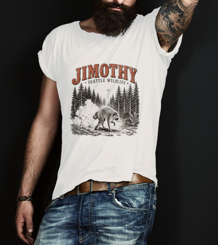 Jimothy Seattle Wildlife Raccoon With Space Needle Forest Scene T-Shirt