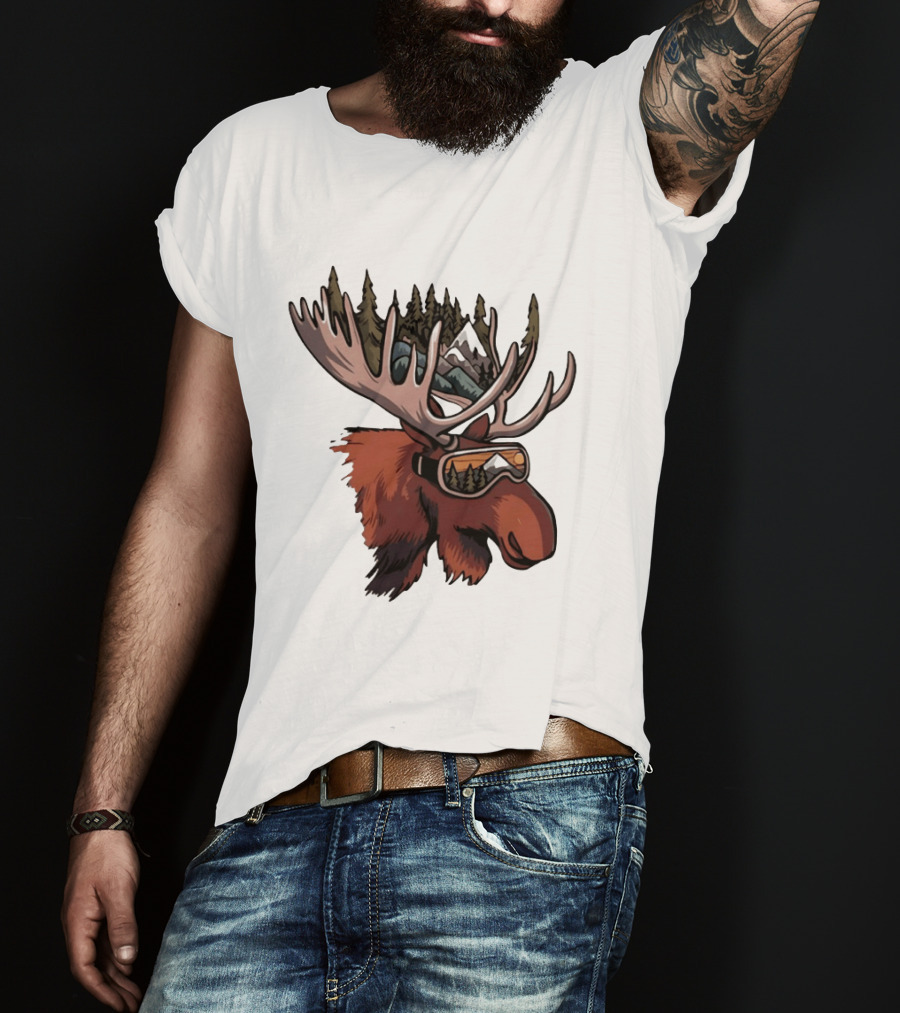 Moose With Ski Goggles And Mountain Forest Antlers Adventure Scene T-Shirt
