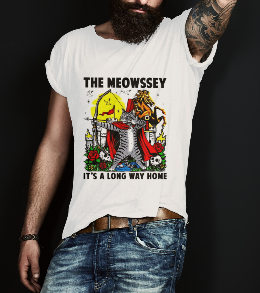 The Meowssey It's A Long Way Home Cat Archer With Red Cape And Horse T-Shirt