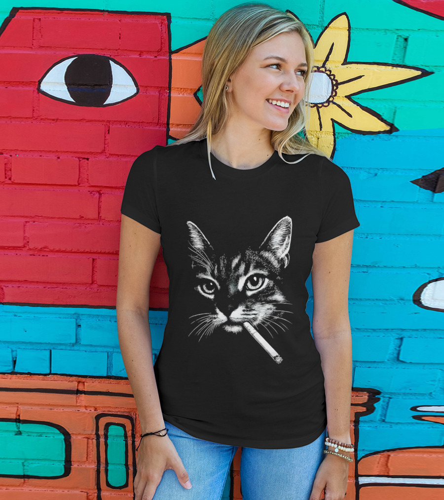 Cat Smoking A Cigarette Vintage Style Retro Look T-Shirt