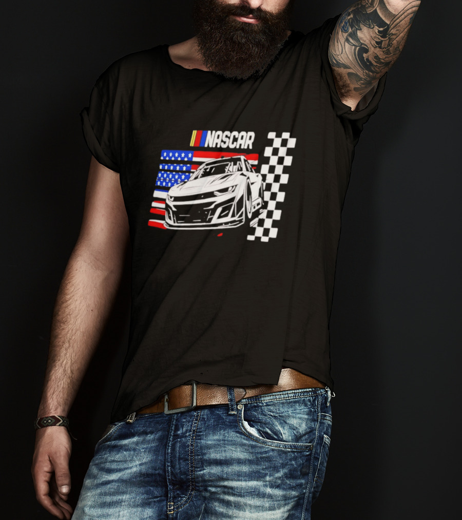Nascar Race Car American Flag Checkered Flag T-Shirt