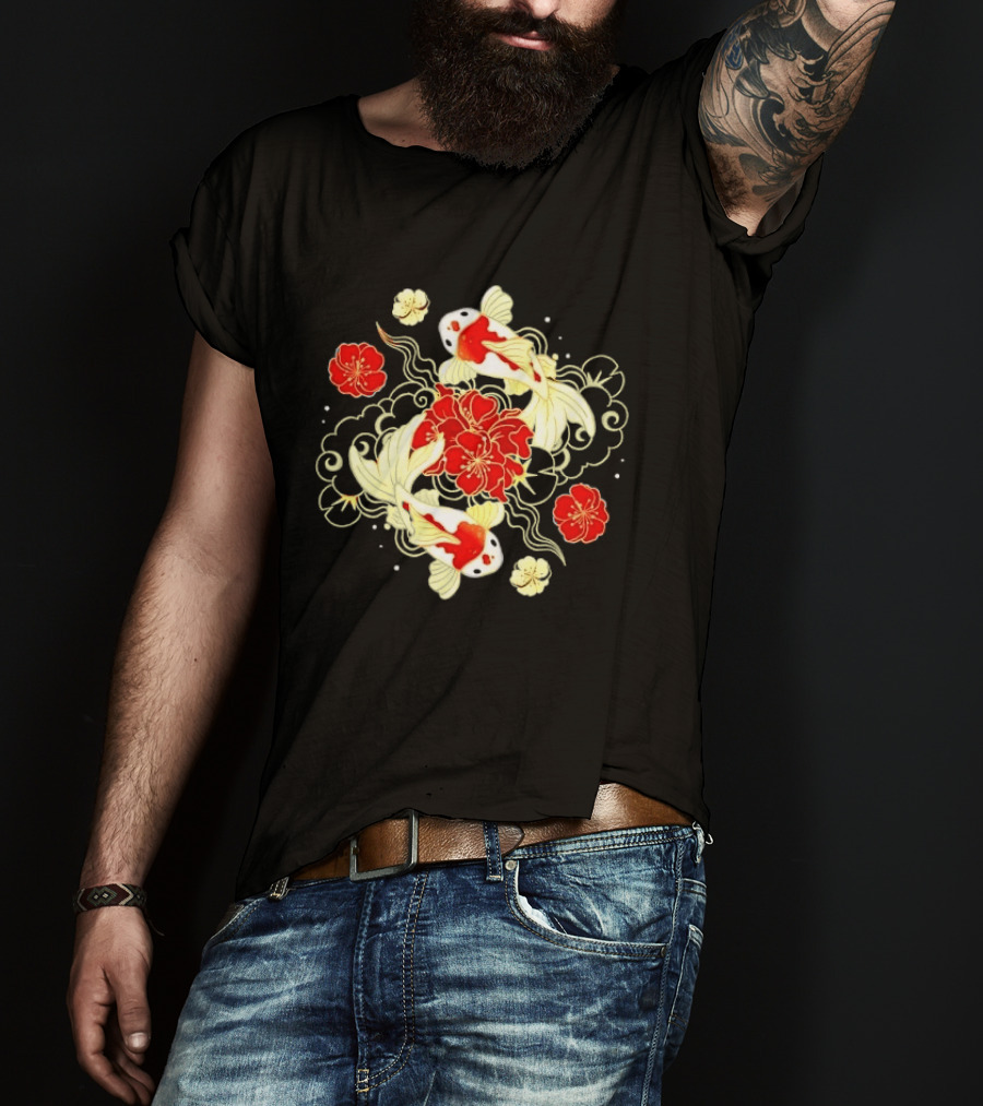Koi Fish With Red And White Japanese Flowers T-Shirt