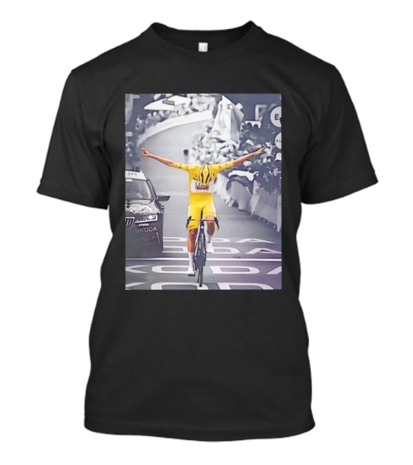 Tadej Pogacar Victory Moment Tour De France Skoda UCL Cyclist In Yellow Jersey T-Shirt