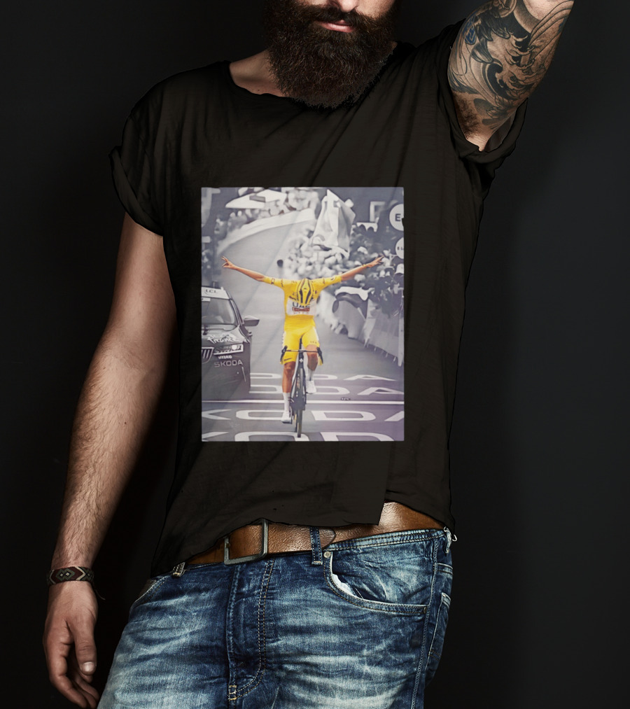 Tadej Pogacar Victory Moment Tour De France Skoda UCL Cyclist In Yellow Jersey T-Shirt