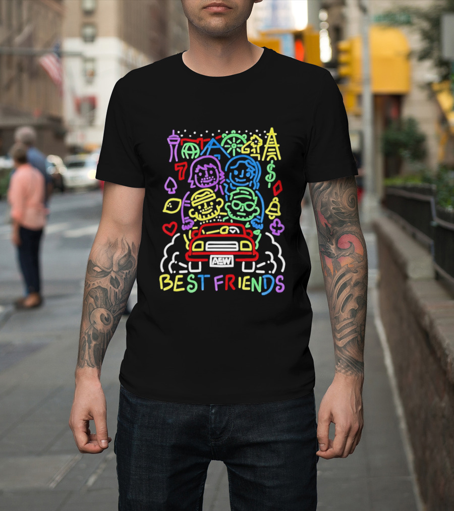 Best Friends AEW Neon Road Trip With Casino Icons And Landmarks T-Shirt