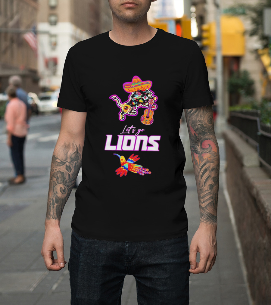Let's Go Lions Hispanic Heritage Fiesta Mexican Folk Sombrero And Guitar T-Shirt