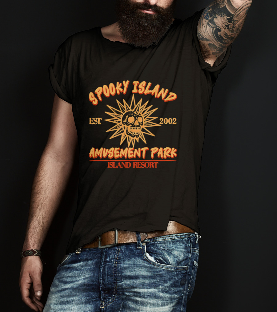 Spooky Island Amusement Park Est 2002 Island Resort Skull Sunburst T-Shirt